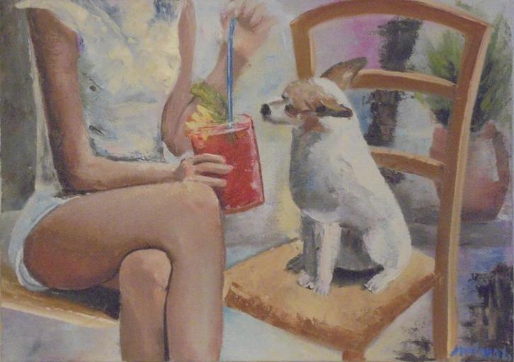 olieschilderij vrouw/chihuahua (50x70cm), Antiek en Kunst, Kunst | Schilderijen | Klassiek, Ophalen of Verzenden