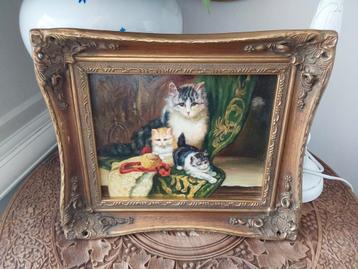 moederkat en kittens " olieverf op hout" beschikbaar voor biedingen