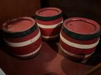 3 vintage tonnetjes in rood-wit gestreept hout – decoratief, Ophalen, Gebruikt