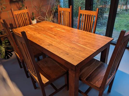vol houten tafel en 6 stoelen (teak), Huis en Inrichting, Complete eetkamers, Gebruikt, Ophalen