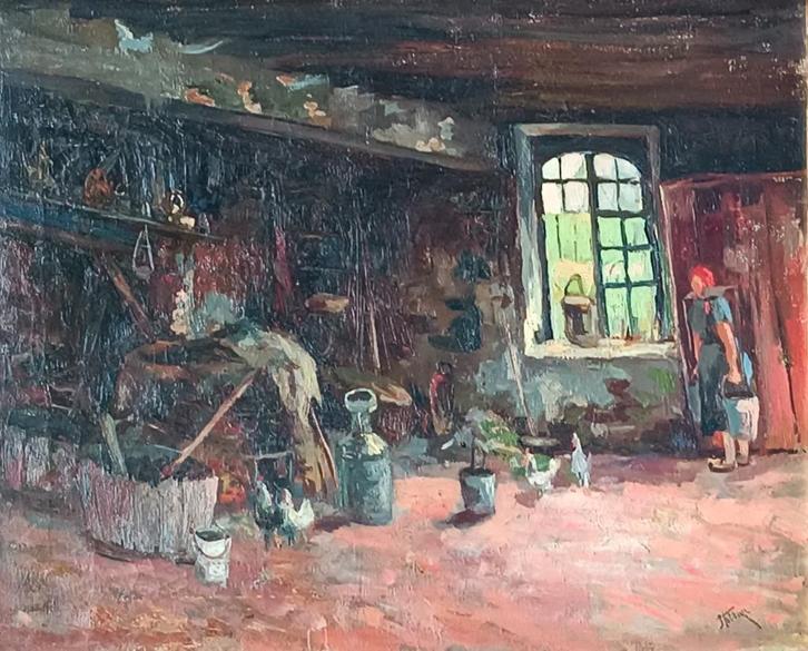 Jehan Frison (1882-1961): Boereninterieur (O/D, 74 x 62 cm), Antiek en Kunst, Kunst | Schilderijen | Klassiek, Ophalen of Verzenden