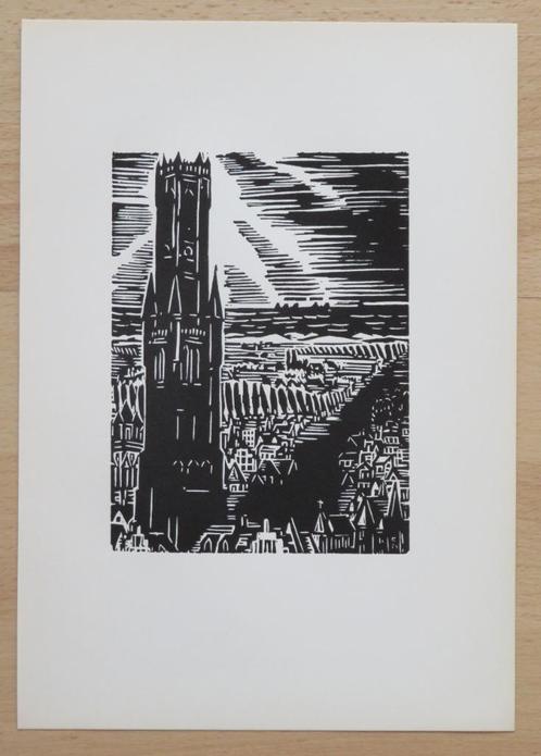 Houtsnede van Frans Masereel: BRUGGE: het Belfort, Antiek en Kunst, Kunst | Etsen en Gravures, Verzenden