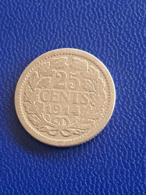 1914 Nederland 25 cent zilver Wilhelmina, Postzegels en Munten, Munten | Nederland, Losse munt, 25 cent, Koningin Wilhelmina, Zilver