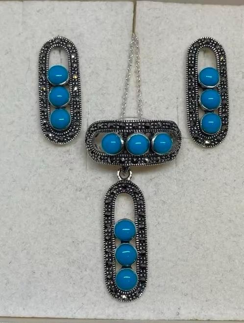 Prachtige set van 925 sterling zilver met turkoois, Handtassen en Accessoires, Edelstenen, Verzenden