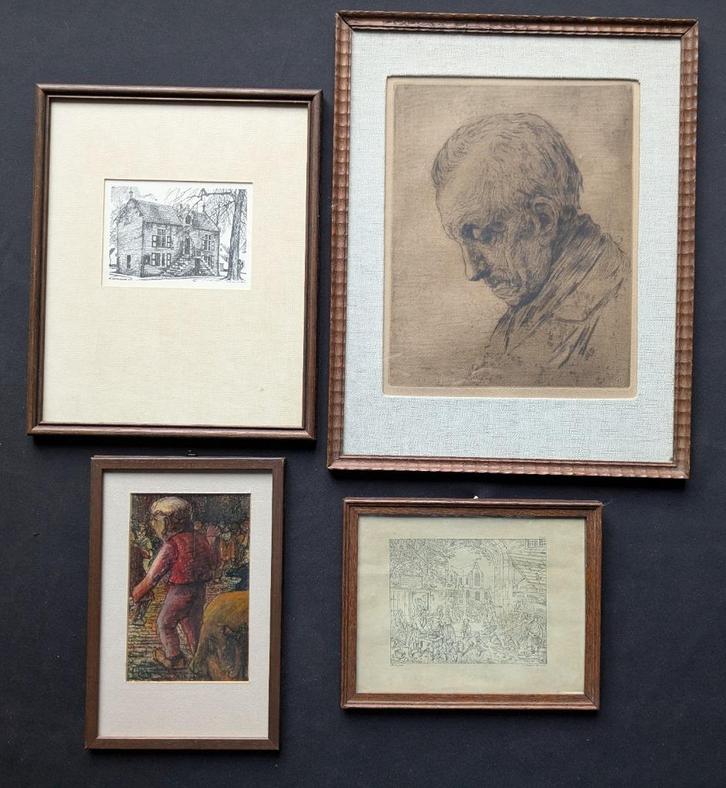 LOT van 4 kaders - ets/litho/tekening/onbekende techniek, Antiek en Kunst, Kunst | Etsen en Gravures, Ophalen of Verzenden