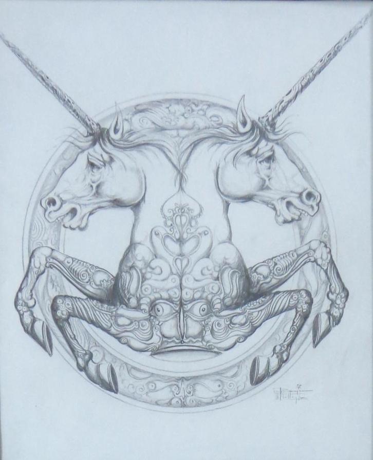 ROGER VAN BELLEGHEM / EENHOORNS / ORIGINEEL WERK / 59x50cm, Antiek en Kunst, Kunst | Tekeningen en Fotografie, Ophalen of Verzenden