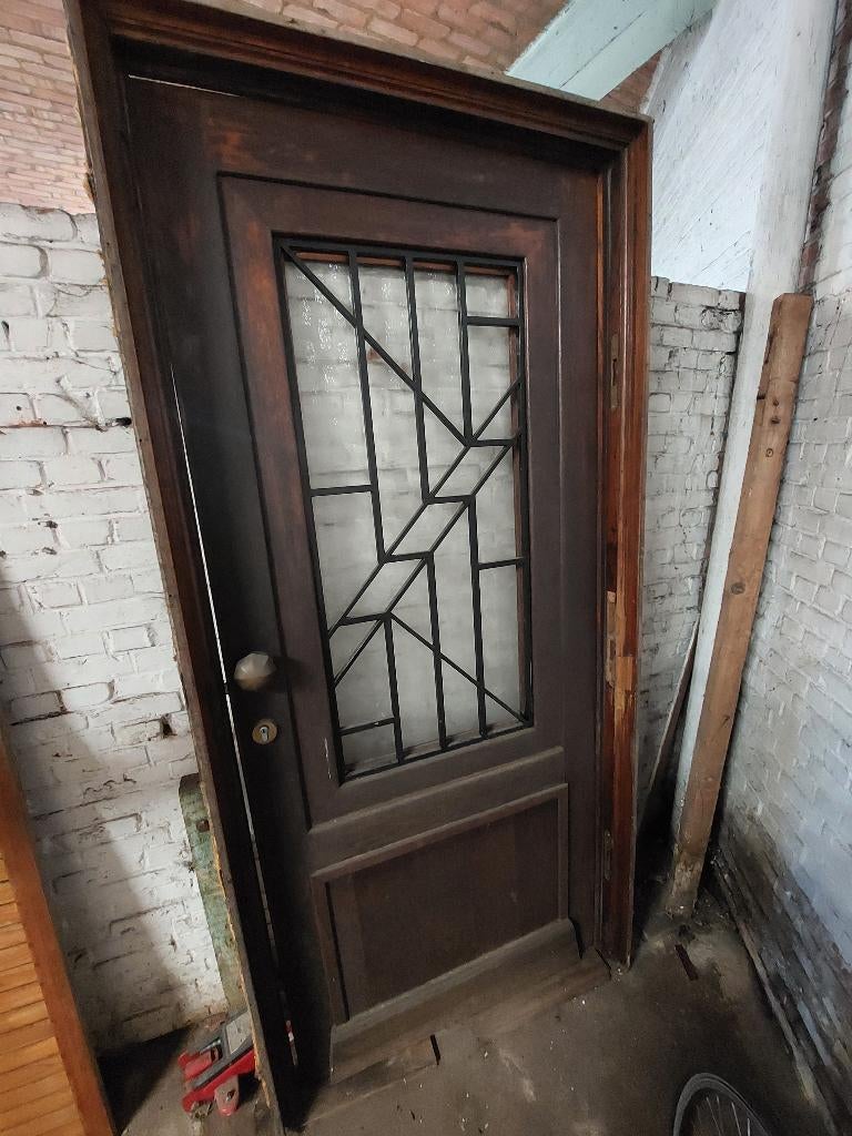 Massief eiken voordeur uit interbellum-woning, Porte extérieure, Enlèvement, Bois, 215 cm ou plus
