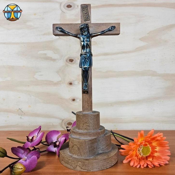 Antieke Art Deco stijl Houten Kruisbeeld Jezus Inri (H35cm), Antiek en Kunst, Antiek | Religieuze voorwerpen, Ophalen of Verzenden