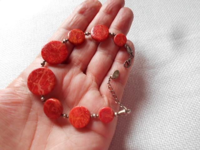 925 zilver en echt koraal, claude dasque, armband, Handtassen en Accessoires, Armbanden, Zo goed als nieuw, Zilver, Oranje, Ophalen of Verzenden