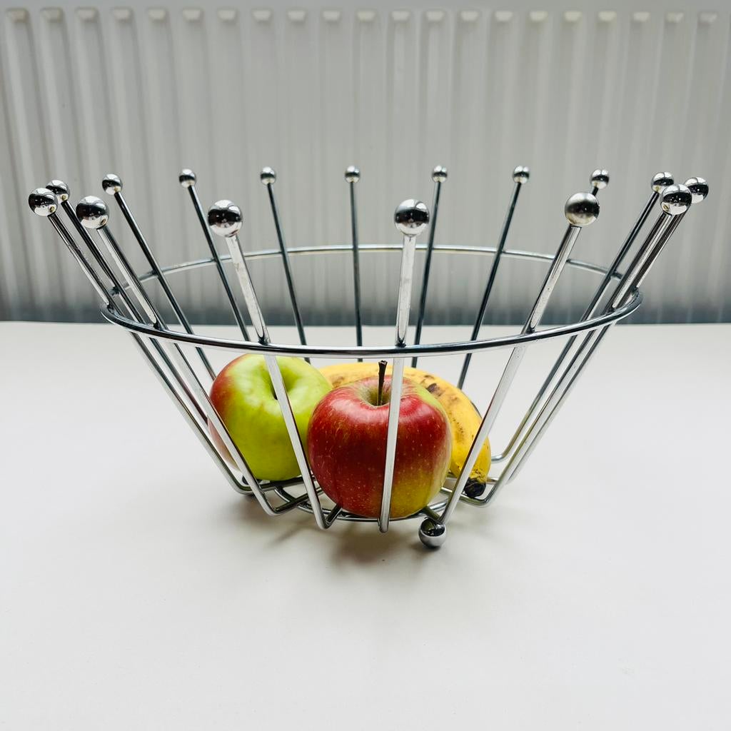 Fruitschaal in gechromeerd metaal, sputnikstijl, Huis en Inrichting, Overige materialen, Gebruikt, Mand, Rond