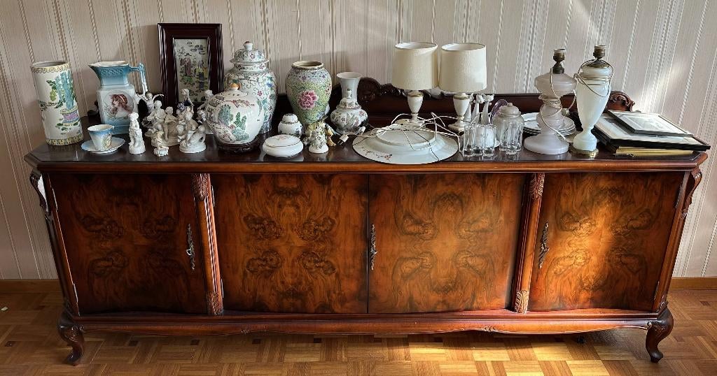 Buffet acajou massif et ronce d'acajou en parfait état, Style Louis Philippe / Art Déco belge, 200 cm ou plus, Moins de 100 cm