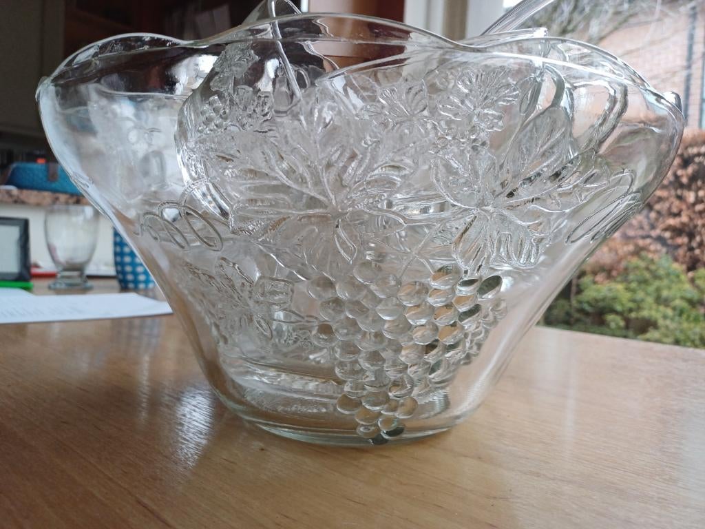 vintage glazen punch bowl + glaasjes, Ophalen