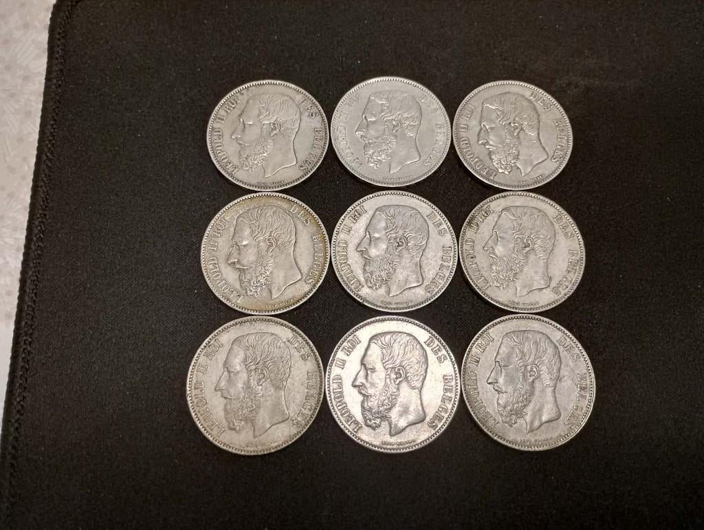 Leopold II 5F zilver set 1867-1875 – Prachtkwaliteit, Setje, Zilver, Ophalen of Verzenden, Zilver