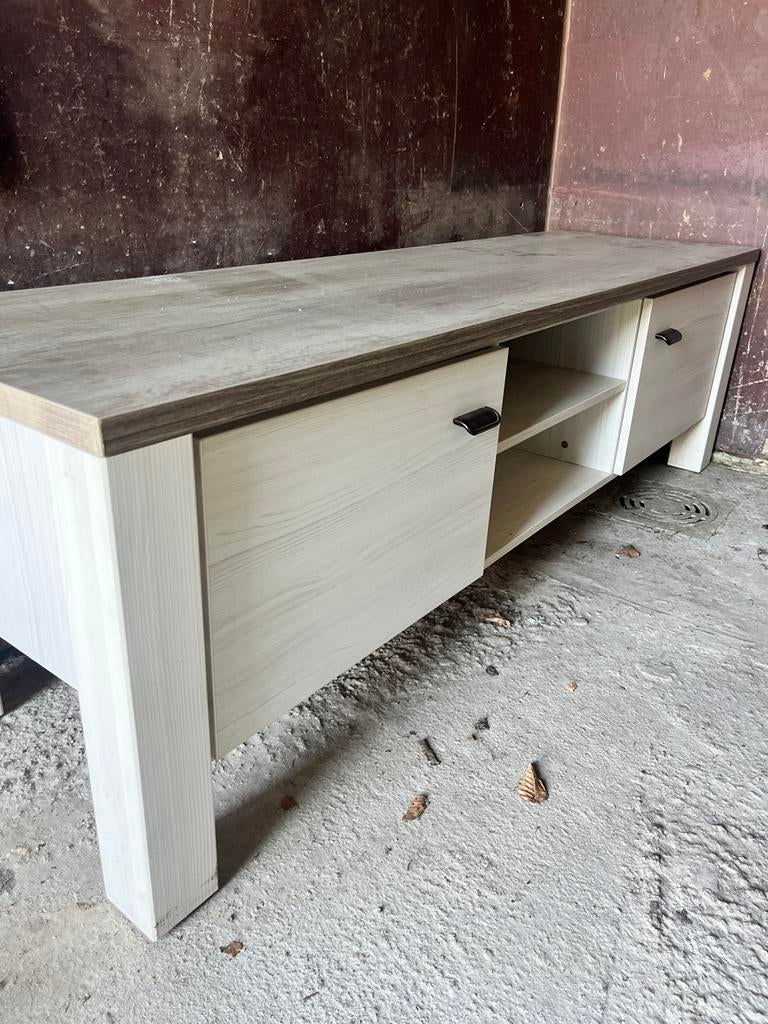 Modern TV-meubel - licht eiken & grijs - zo goed als nieuw, Huis en Inrichting, Kasten |Televisiemeubels, Ophalen, Zo goed als nieuw