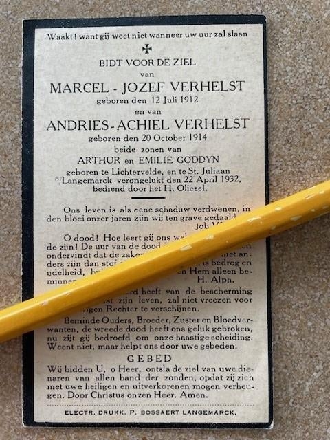 GUERRE 14-18 Les frères Verhelst tués par OBUS Langemark'32, Enlèvement ou Envoi, Image pieuse