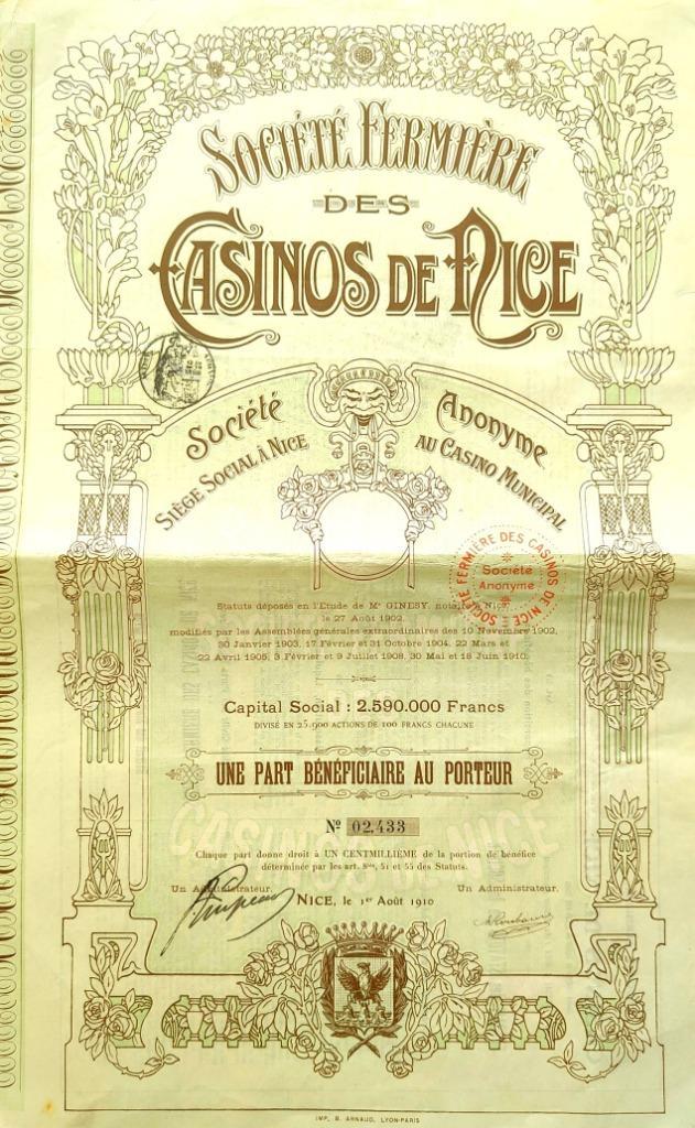 Casinos de Nice 1910, Postzegels en Munten, Aandelen en Waardepapieren, Aandeel, Voor 1920, Ophalen of Verzenden