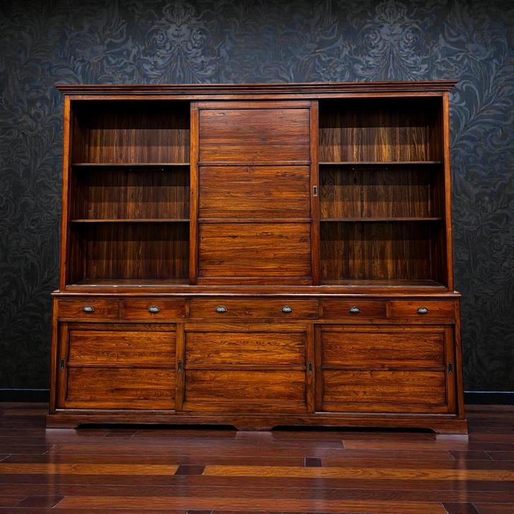 Vintage XL houten vitrinekast / kast met schuifdeuren, Huis en Inrichting, Kasten | Wandmeubels, Gebruikt, Ophalen of Verzenden