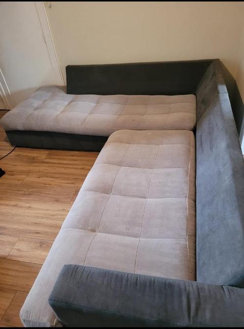 Hoekbank - „L” -vorm - Stof - Blauwgrijs, Huis en Inrichting, Fauteuils, Gebruikt, Hout, Stof, Ophalen