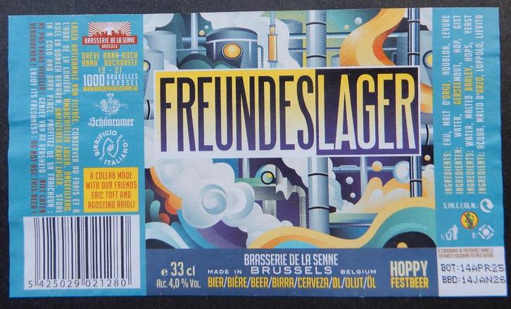 Bieretiket Freundes Lager Brouwerij De La Senne (11n6), Verzamelen, Biermerken, Gebruikt, Verzenden