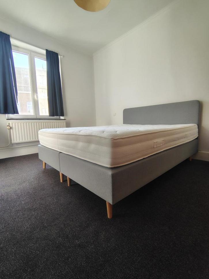 Boxspring + Matras (160x200), Huis en Inrichting, Slaapkamer | Boxsprings, Gebruikt, 160 cm, 200 cm, Tweepersoons, Grijs, Ophalen