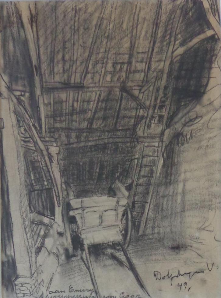 VICTOR DOLPHYN / BINNENZICHT STAL / ORIGINEEL / 46x37cm KAD, Antiek en Kunst, Kunst | Tekeningen en Fotografie, Ophalen of Verzenden