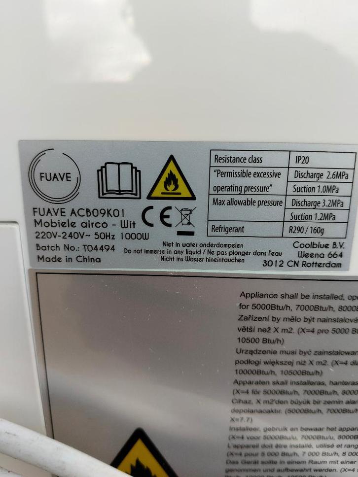 Airconditioning Fuave ACB09K01, Electroménager, Climatiseurs, Comme neuf, Climatiseur mobile, 60 à 100 m³, 2 vitesses, Refroidissement et Déshumidification