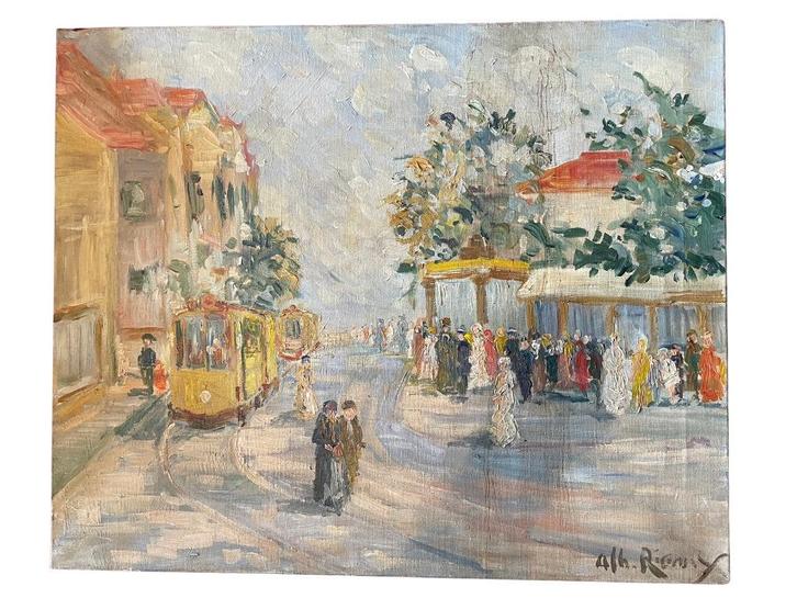 Olieverf op doek Olieverfschilderij De tram - Albert Rigaux, Antiek en Kunst, Kunst | Schilderijen | Klassiek, Ophalen of Verzenden
