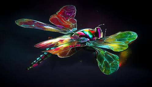 Kleurrijke Libelle, kunstprint op canvas 60x40x2 cm., Antiek en Kunst, Kunst | Schilderijen | Modern, Verzenden