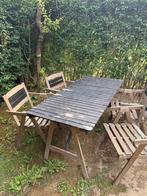 Tuintafel + 4 houten stoelen met armleuningen, Ophalen, Gebruikt, Rechthoekig, Hout