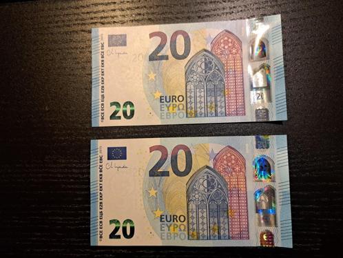 2015 Frankrijk 2x20 euro opeenvolgende serienummers, Postzegels en Munten, Bankbiljetten | Europa | Eurobiljetten, Setje, Frankrijk