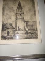 gesigneerde ets boer met koe , kerk Mespelare, Antiek en Kunst, Kunst | Etsen en Gravures, Ophalen of Verzenden