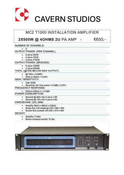 AMPLIFICATEUR D'INSTALLATION MC2 AUDIO T1000 €650, -, TV, Hi-fi & Vidéo, Amplificateurs & Ampli-syntoniseurs, Comme neuf, Stéréo