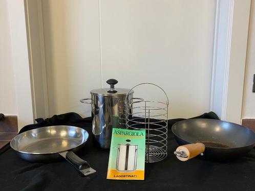kookpot voor asperges of spaghetti + 1 wokpan + 1 gewone pan, Huis en Inrichting, Keuken | Potten en Pannen, Gebruikt, Inox, Keramische plaat