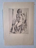 Gevoelige ets Raf Van Cauwenberghe Zittende naakte vrouw, Antiek en Kunst, Ophalen of Verzenden
