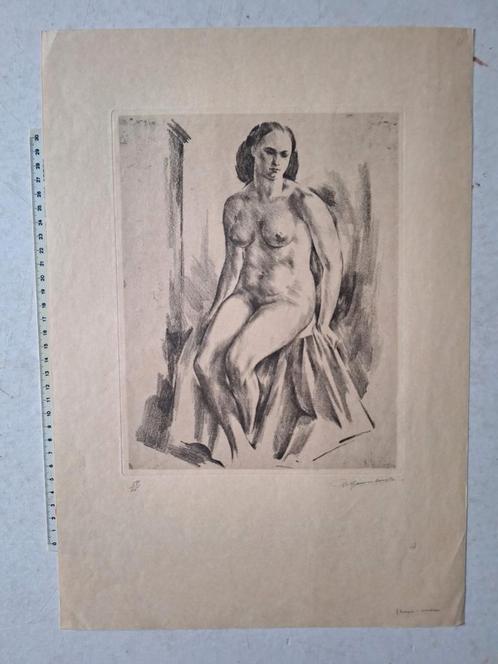 Gevoelige ets Raf Van Cauwenberghe Zittende naakte vrouw, Antiek en Kunst, Kunst | Etsen en Gravures, Ophalen of Verzenden