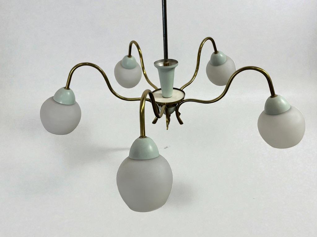 vintage 'gouden'  luster / hanglamp met muntblauw accent, Huis en Inrichting, Lampen | Hanglampen, Ophalen of Verzenden