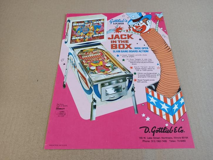 Flyer: Gottlieb Jack In The Box (1973) Flipperkast, Verzamelen, Automaten | Flipperkasten, Flipperkast, Gottlieb, Verzenden