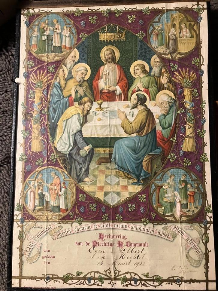 Communieprent 1932 Laatste Avondmaal, Antiek en Kunst, Antiek | Religieuze voorwerpen, Ophalen