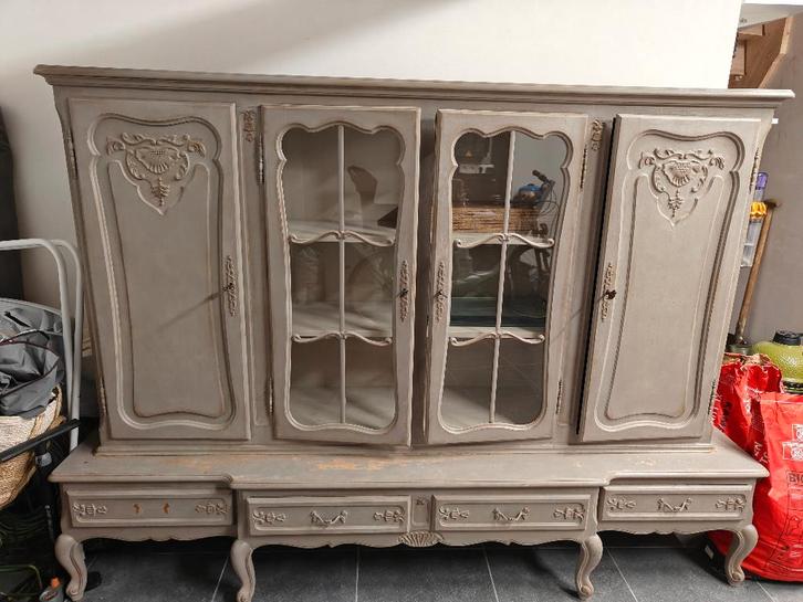 Grote brocante vitrinekast – Frans landelijk – 2-delig, Huis en Inrichting, Kasten | Vitrinekasten, Gebruikt, 150 tot 200 cm, 200 cm of meer