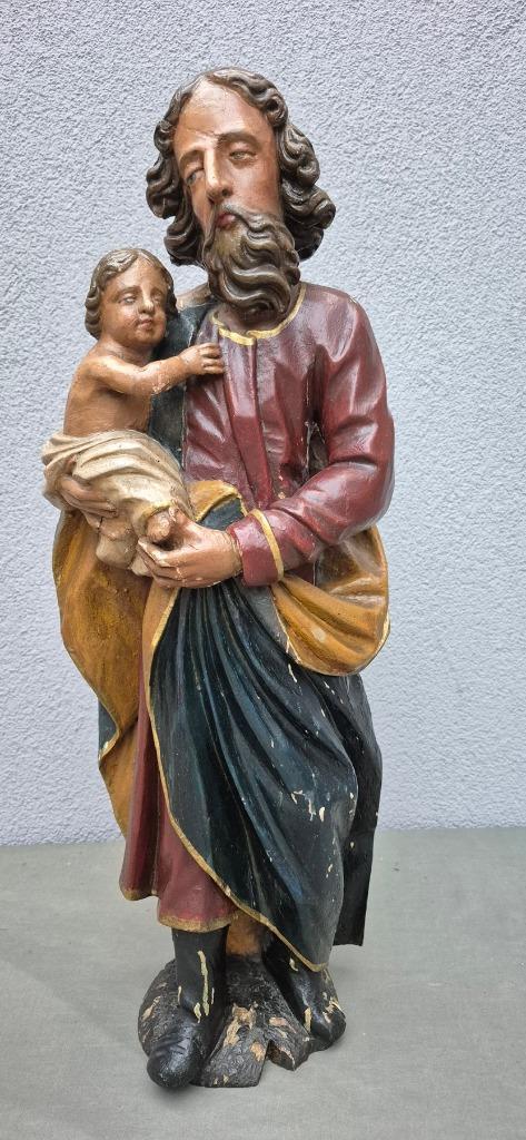 St. Jozef met kind - 60 cm - Hout 18e eeuw, Antiek en Kunst, Antiek | Religieuze voorwerpen, Ophalen of Verzenden