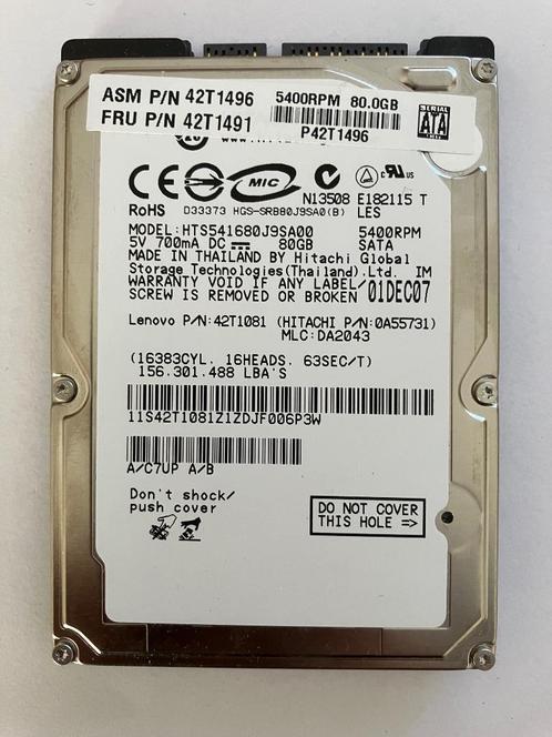 Hitachi 80 GB SATA-harde schijf voor laptop — 2,5p-laptop, Computers en Software, Harde schijven, Zo goed als nieuw, Laptop, Intern