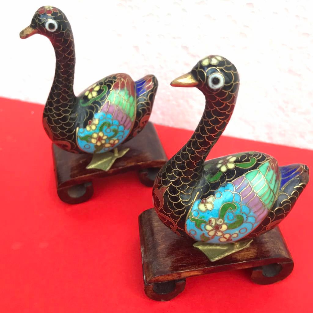 Vintage Cloisonné Bird Figurines | Intricate Chinese Metal Birds With