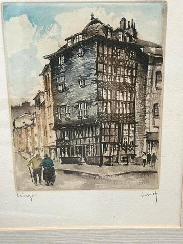 Aquarelle Vieux Liège akwarel oude huizen Luik gesign. Linch beschikbaar voor biedingen