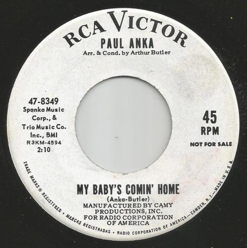 Paul Anka - My Baby's Comin 'Home "Promo Popcorn '7", CD & DVD, Vinyles Singles, Comme neuf, Single, Pop, 7 pouces, Enlèvement ou Envoi