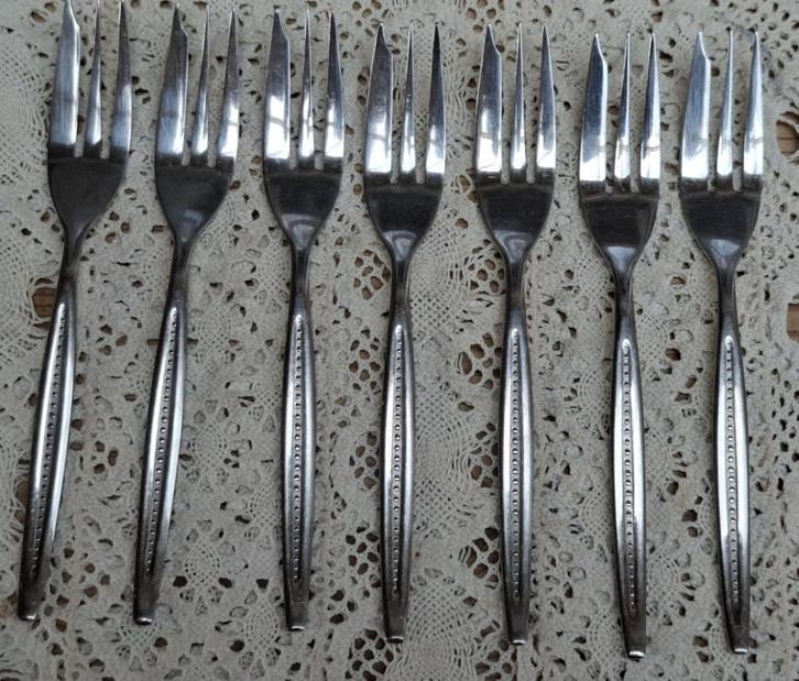 7 Vintage gebaksvorkjes, Esmeyer 18/10, Huis en Inrichting, Keuken | Bestek, Gebruikt, Los bestek, Inox of Chroom, Vaatwasserbestendig