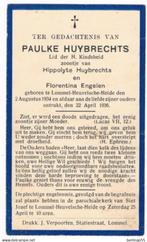 Bp. Huybrechts Paulke. ° Lommel-Heuvelsche-Heide 1934 † 1936, Verzamelen, Bidprentjes en Rouwkaarten, Ophalen of Verzenden