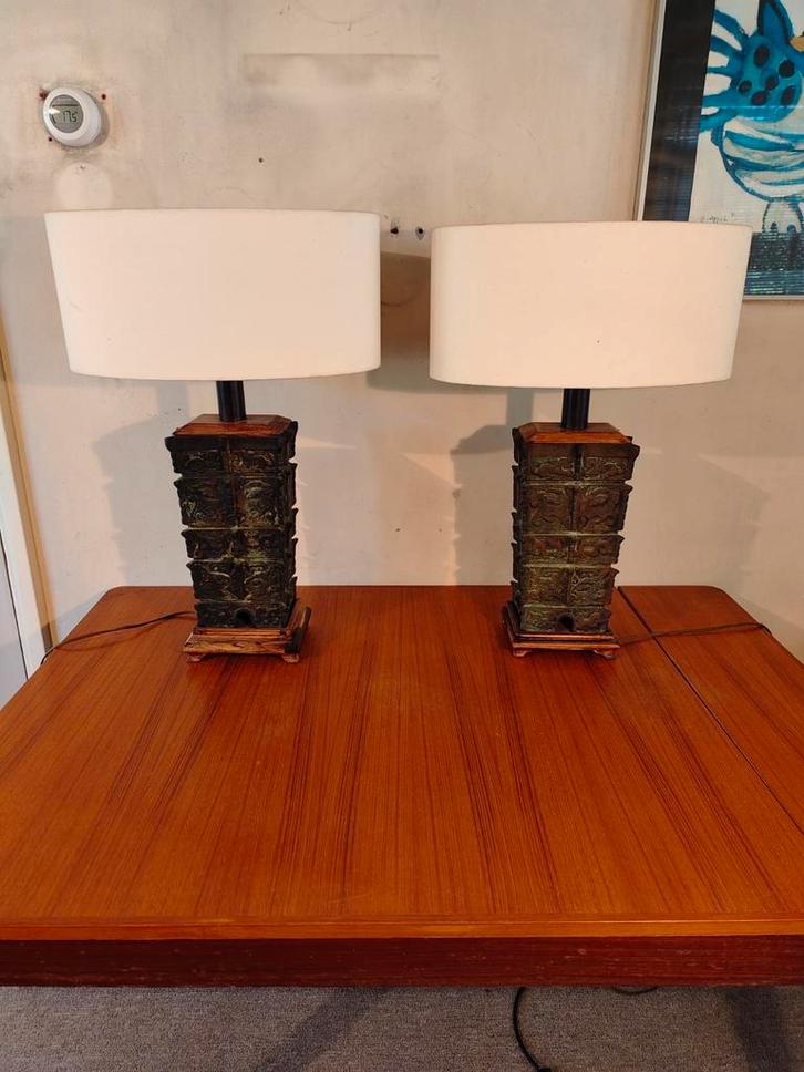 Prachtige set van 2 bronzen tafellampen in Chinoiserie stijl, Antiek en Kunst, Antiek | Verlichting, Ophalen of Verzenden