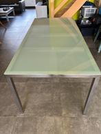 Eetttafel 180cm glazen blad metalen poten, Ophalen, Strak, 50 tot 100 cm, Zo goed als nieuw