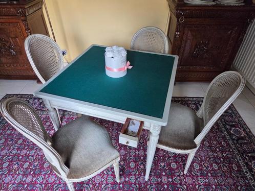 Kaarttafel met 4 sbijhorende stoelen, Antiek en Kunst, Antiek | Meubels | Tafels, Ophalen