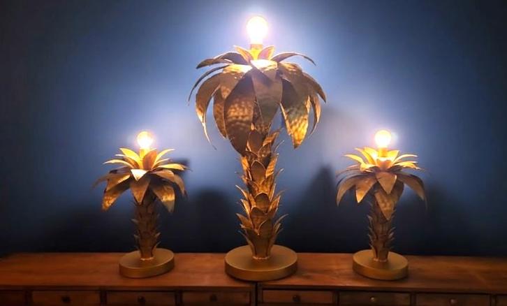 Trio van palmboomlampen — gehamerd goudkleurig metaal, Antiek en Kunst, Antiek | Verlichting, Ophalen